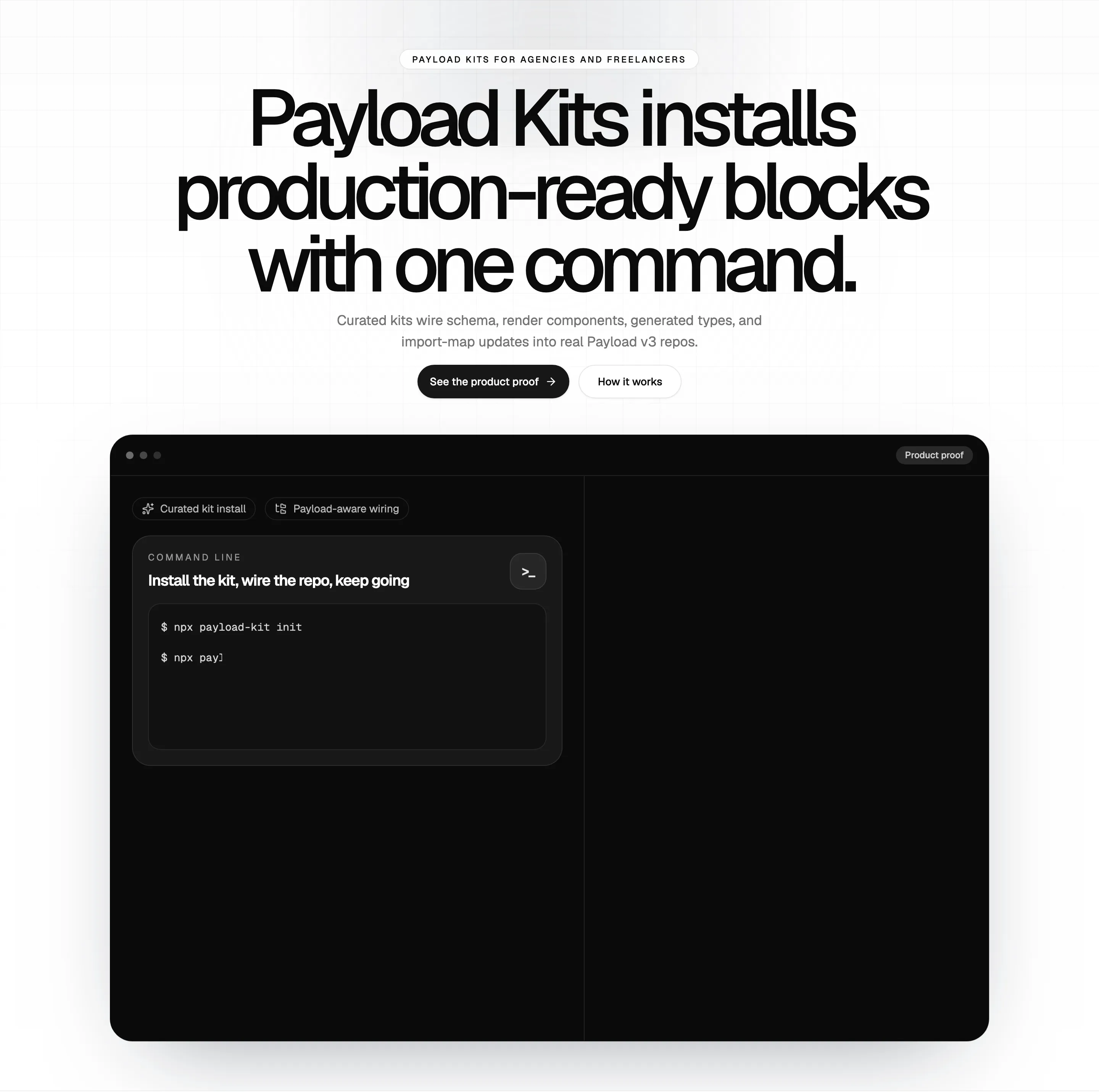 Payload Kits landing hero and product proof