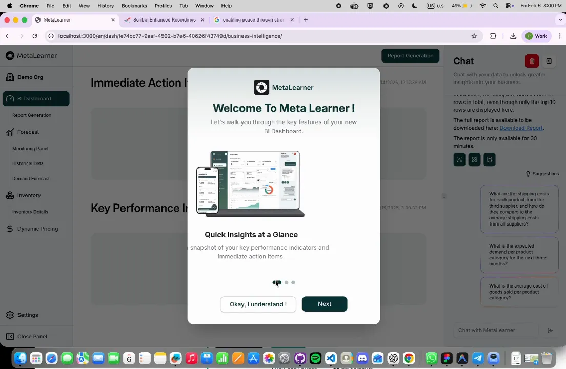 Guided onboarding modal inside the MetaLearner BI dashboard